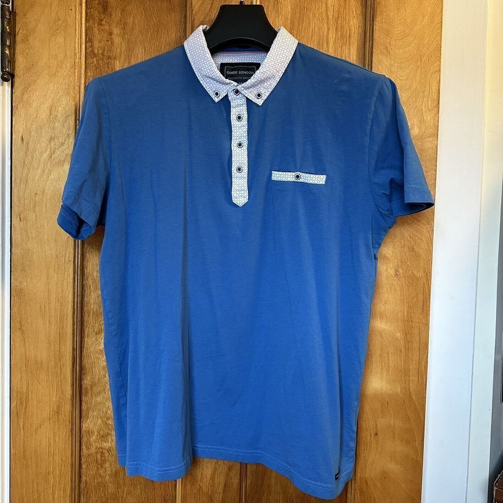 Guide London Men's Polo Shirt Medium Small Preppy Hipster Modern Button Blue